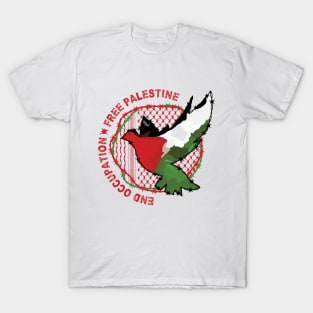 End Occupation Free Palestine with Palestinian Arabic Kufiya Hatta Pattern -red T-Shirt